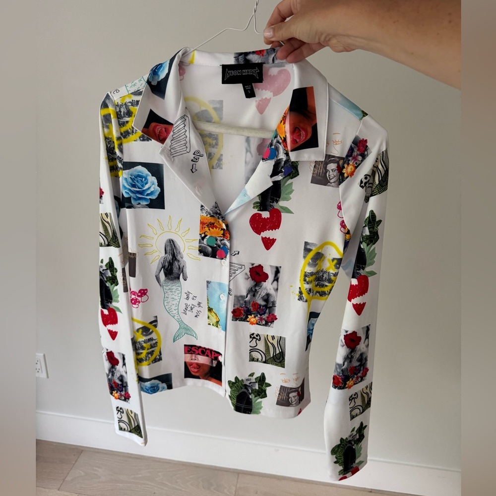 White and Red Graphic Long Sleeve Button Down Shirt